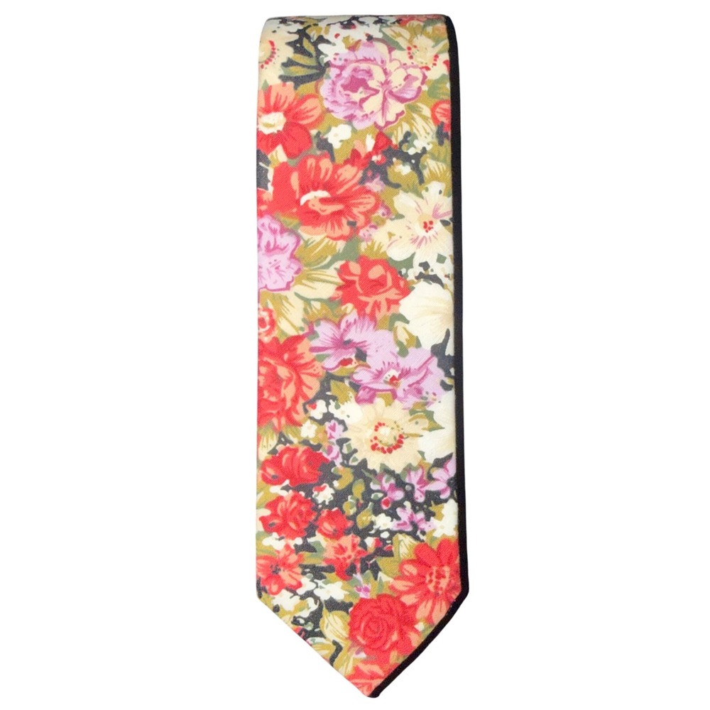 Mens Floral Necktie Red Pink Cream Garden Print Slim Skinny Wedding Tie